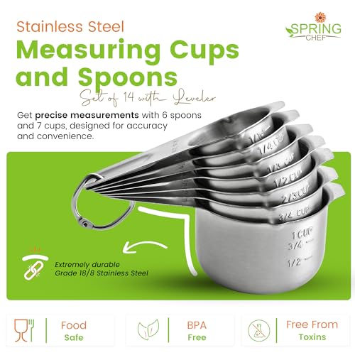 Image of Spring Chef Stainless Steel Measuring Cups and Spoons Set of 14 with Leveler, Nesting Kitchen Metal Measuring Cups and Spoons Set for Dry and Liquid Ingredients, Perfect for Cooking & Baking
