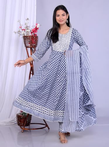Image of Queens World Women's Anarkali Pure Cotton Floral Printed Kurta Pant Set With Dupatta (M To 2XL- Size)