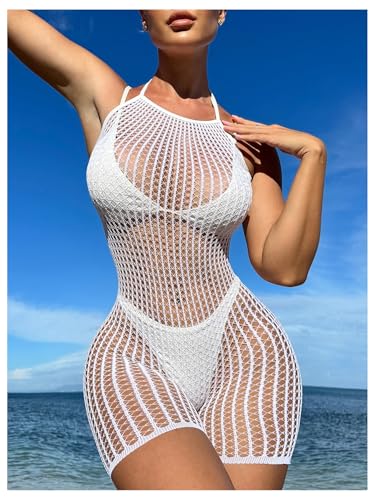 MakeMeChic Women's Bathing Suit Beach Cover Ups Halter Mesh Fishnet Shorts Romper2