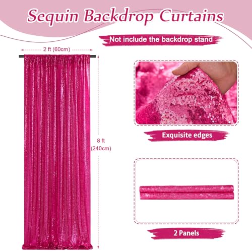 Image of Fuchsia Sequin Backdrop Curtain Panels Stage 2 Pieces 2FTx8FT Wedding Party Background Drapes for Christmas Party