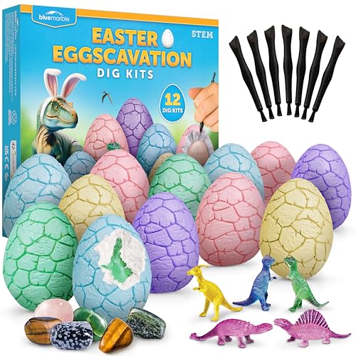 Blue Marble Easter Eggscavation Dig Kit - 12 Easter Egg Dig Bricks with Real Gemstones & Glow in The Dark Dinosaur Figures, Includes Dig Tools, Egg Hunt or Dig Party Activity, Easter Basket Stuffers