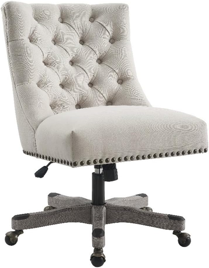 Linon Dixie Wood Upholstered Tufted Rolling Office Chair in Natural Beige