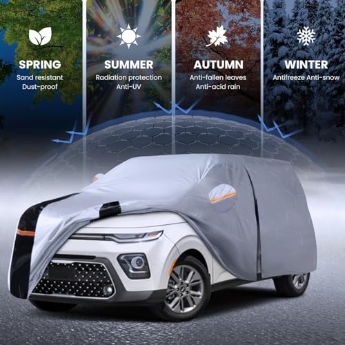 Image of Multi-Layer Car Cover Custom Fit for Kia Soul(2009-2026), 100% Waterproof All Weather for Automobiles, Gift with Towel, Heavy Duty Car Covers for Rain Sun UV Protection with Door Zipper