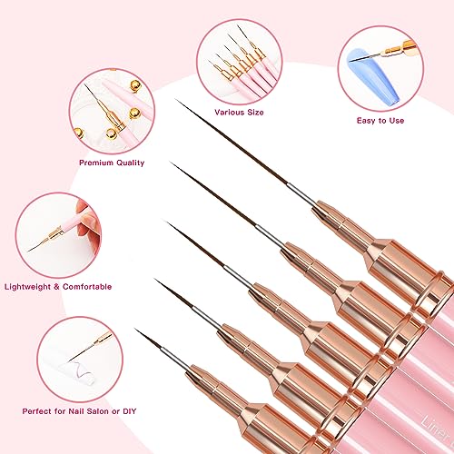 Metallic Nail Art Brushes, 5Pcs Liner Brush Set, UV Gel Polish Painting Art Design Pen for Long Lines, Thin Details, Fine Drawing Sizes 4/8/12/20/25mm(Pink) - Image 7