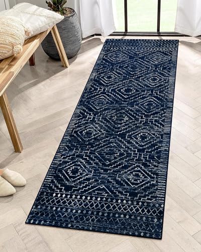 Wonnitar Moroccan Kitchen Runner Rugs, Non-Skid Washable Runner Rug 2x6, Bohemian Non-Shedding Soft Blue Hallway Runner, Geometric Low Pile Carpet Runner for Laundry Bath Entrance (Blue,2'x6')