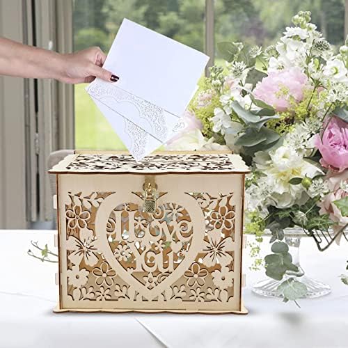 Wedding Money Box Holder with Cards Sign and Lock, Wedding Gift Card Cards Money Post Box Holder Rustic Large Wooden Letter Envelop Boxes for Reception Anniversary Birthday Party Parties