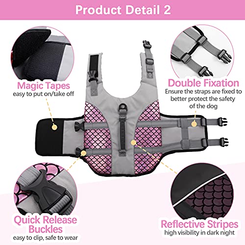 Kuoser High Visibility Dog Life Jacket, Adjustable Pet Floatation Life Vest Dog Swimsuit With Reflective Stripes & Rescue Handle, Shining Fish Scales Dog Lifesaver Swimwear For Pool Beach Pink L #TOP3