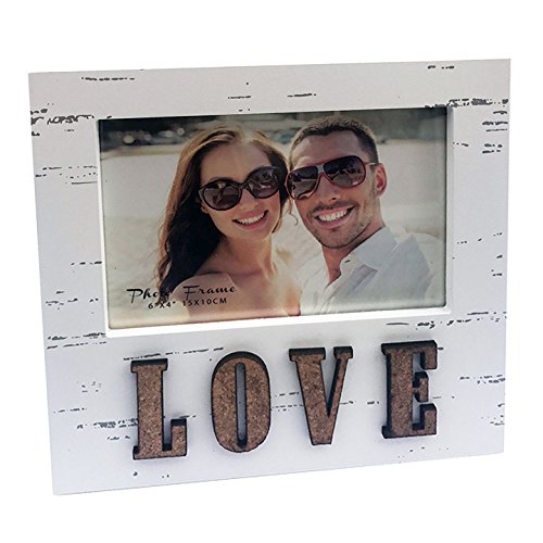 4x6” Distressed Wooden Photo Frame in Off White with Word LOVE in Corc