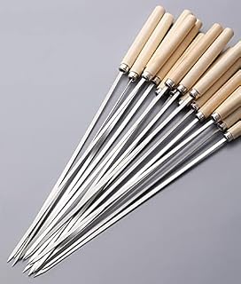 ShreeFit 12Pcs BBQ Skewers Reusable Metal Flat Barbecue Kebab Skewer with Wooden Handle BBQ Accessories Stick Needles Outdoor Camping Cooking Tools