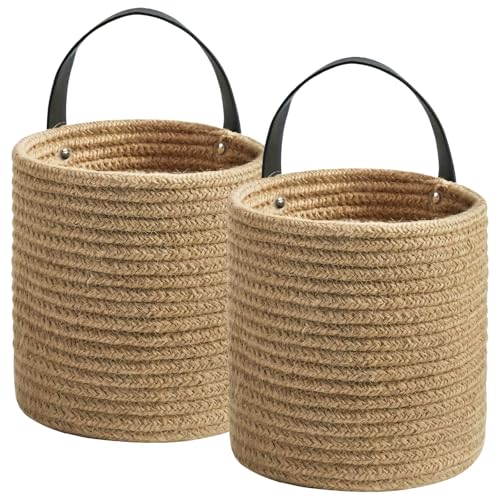 Confezione da 2 cestini da parete in spago, 18 x 20 cm, cesti portaoggetti da appendere con ganci, perfetti per l'organizzazione della casa