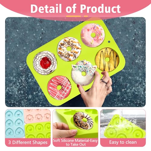 Bettoor Silicone Donut Pan, Donut Molds for Baking, Donut Maker for 6 Doughnuts, Non-stick Doughnut Pan Muffin Cupcake Bagel Making Tray (Green, Pink, Blue)