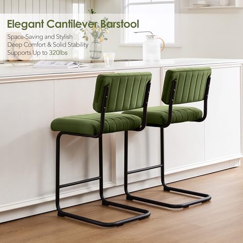 Image of ONEVOG 24 Inch Green Counter Bar Stools Set of 2, Mid-Century Modern Counter Height Cantilever Chairs for Kitchen Island, Upholstered Velvet Fabric Barstools with Back and Metal Leg, Olive Green