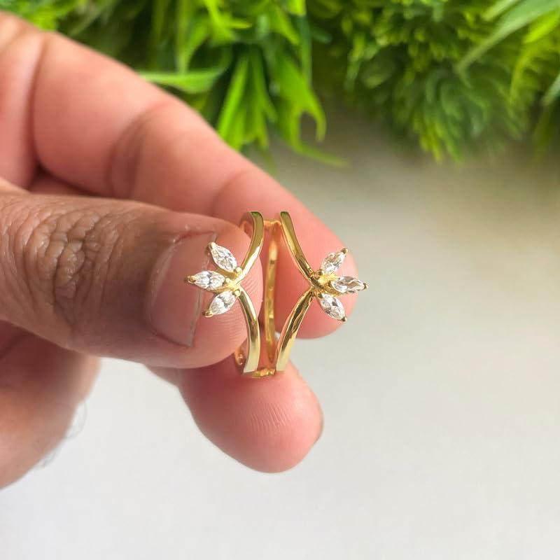 3-Stone Marquise Cut White Diamond Chevron V Shape Enhancer Guard For Women, 14K Gold Plated 925 Silver April Birthstone Diamond Chevron V Shape Enhancer Wrap Guard Matching Band