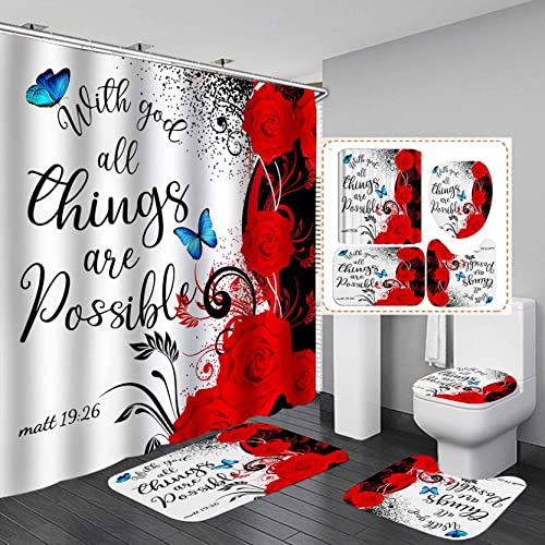 Camille&Andrew 4PCS/Set Dewy Royal Blue Rose Shower Curtain, Valentine's Day Gift Elegant Floral Romantic Flower Bathroom Decor, Fabric Black Bath Curtain, Non-Slip Bathroom Floor Mat Toilet