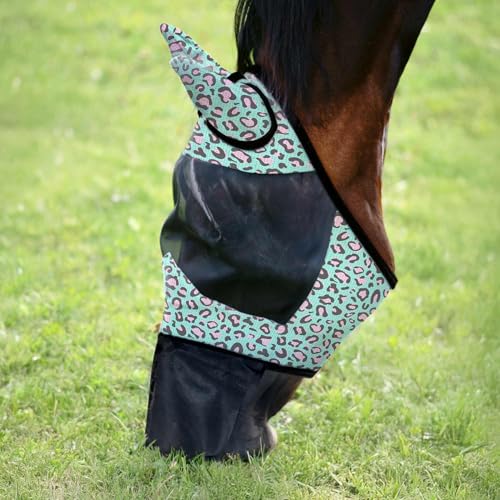 Jeffers Deluxe Mesh Horse Fly Mask w/Ears & Nose Oversize Breathable Soft Mesh Ears & Poll Extended Nose Coverage Fleece Trim Stretch Fit Hook & Loop Closure UV Protection - Party Cheetah