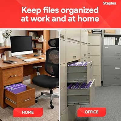 Staples Hanging File Folders, Letter Size, Purple, 1/5Cut Tabs, TearResistant, Includes Tabs & Inserts 25/Pack