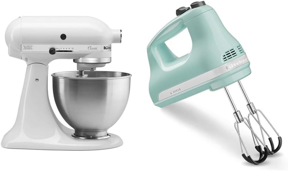 KitchenAid Classic Series 4.5 Quart Tilt-Head Stand Mixer K45SS, White & 6 Speed Hand Mixer with Flex Edge Beaters - KHM6118, 6 Speed w/Flex Edge Beaters, Ice Blue