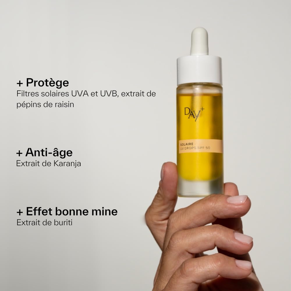 DAY+ | UV DROPS SPF 50 | Sérum Visage Concentré Solaire Haute Protection | Protège des UVA/UVB, Lutte contre les rides & le vieillissement cutané | Karanja, Buriti, Pépins de raisin | Flacon 30 ml