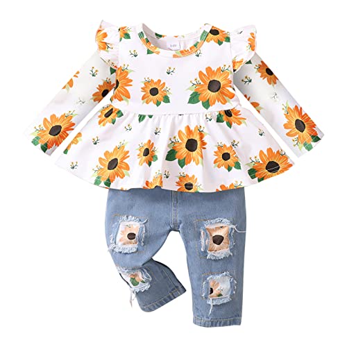 Image of Baby Girl Clothes Set Long Sleeve Infant Toddler Denim Outfits Flower Ruffle Top with Ripped Jeans Pants