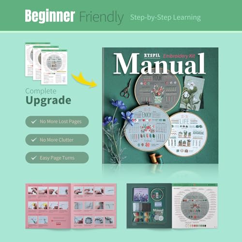 Image of ETSPIL Embroidery Kit for Beginners & Adult, 3-Pack 33-Stitch Floral Samplers, Pre-Stamped Designs, 7.8-Inch Hoop, Threads, Needles, Storage Bag, Guide & Video, DIY Craft Gift for Women
