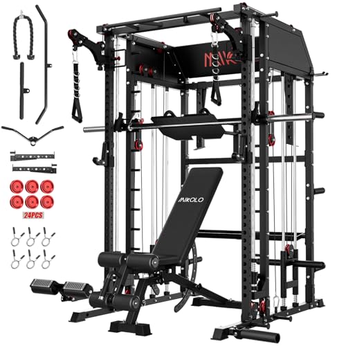 Image of Mikolo Smith Machine, Multi-Function Power Cage with Dual Pulley System, Vertical Leg Press Attachment, Squat Rack Power Rack with More Training Attachment for Home Gym