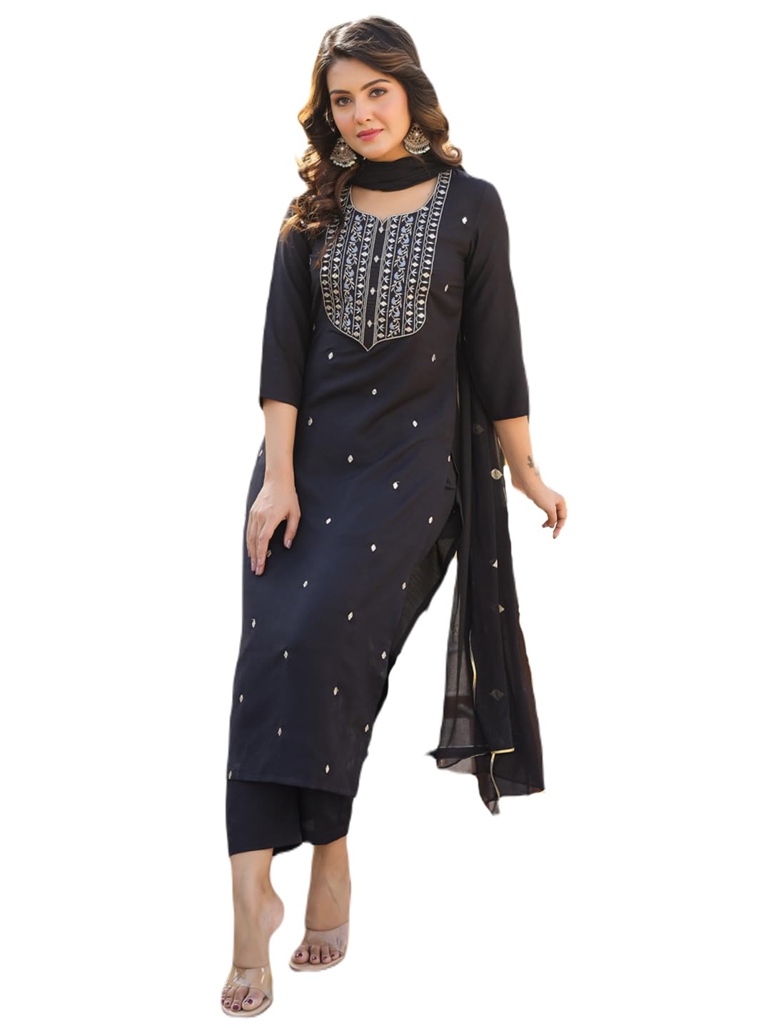 GoSriKi Women's Rayon Blend Embroidered Straight Kurta with Pant & Dupatta