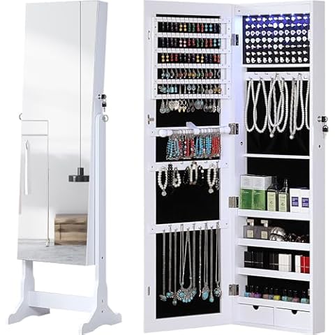 GISSAR Jewelry Organizer Full Length Mirror Jewelry Cabinet Standing/Wall/Hanging Door Jewelry Armoire Storage with Lights, Lockable, White Cover