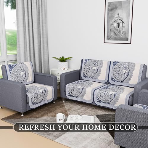 Image of Kuber Industries Sofa Cover | Net 2+1+1 Seater Sofa Slip Cover Set | Couch Sofa Cover Set | Sofa Cover for Home | Sofa Slipcover Set | Sofa Cover for Living Room | Mor Digital-837 | Blue
