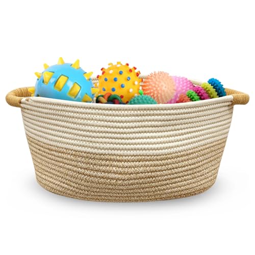 Fhiny Cotton Rope Dog Toy Basket, Puppy Toys Storage Bin with Handle Woven Rectangle Diapers Large Pet Kitty Bed Perfect for Carry Pet Blankets Chew Toys Leashes Doggie Stuff Khaki-M