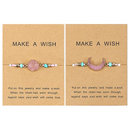 Make A Wish Sun&Moon Handmade Resin Druzy Bracelet Wrap Friendship Braided Bracelet Adjustable Wrist Cord Beaded Bracelet for Women Girls, Stone Resin