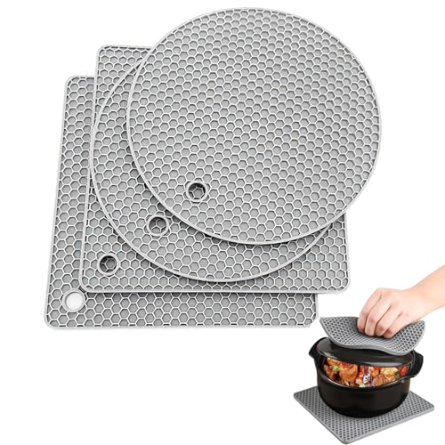 4 Pack Silicone Trivet Mats, Extra Thick Heat Resistant Multi-purpose None slip Silicone Trivet Mat, 18 cm Hot Pot Pads Oven Mitt for Kitchen Cooking Dining Microwave, Square and Round(4 Light Gray)
