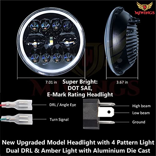 Image of Miwings 7 inch Round LED Stylish 8COB2EYE Hi /Low Beam Headlight 75W H4 Compatible with Royal Enfield, Jeep, Thar, motorcycle, Cars, Harley Davidson (Color Amber & White) (Pack of 1)
