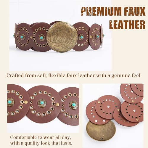 Women’s Boho Western Disc Belt – Vintage Leather Concho Waist Belt for Dress Jeans Skirts, Chunky Country Cowgirl Y2K Grunge3