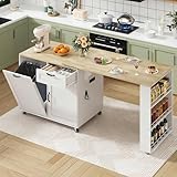 72.4” Kitchen Island with Trash Can Cabinet and Power Outlets, Rolling Kitchen Island Cart with 360°Swivel Extendable Dining Table, 6-Tier Spice Rack，Mobile Wooden Island Table for Kitchen,Dining Room