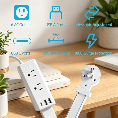 Extensión eléctrica con 6 tomas y 3 puertos USB, rotativa 360°, para dormitorio, sala u oficina miniatura 3