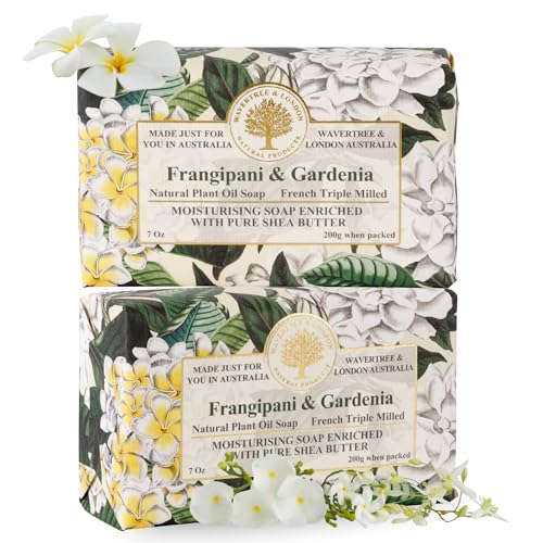 Image of Wavertree & London Frangipani Gardenia Scented Natural Soap (2 Bars), 7oz Moisturizing French Triple Milled Soap Bars enriched with shea butter - Pure Plant Based Bath & Body Bars for All Skin Types
