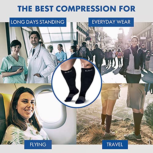Image of Knee High Compression Socks 15-20 mmHg Improves Blood Circulation for Wide Calf Travel, Running, Cycling Athletic, Color-Black