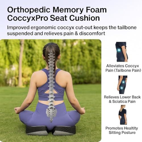 Image of Grin Health Coccyx Pro Large Thick Seat Cushion - Comfort Seating Memory Foam for Tailbone & Back Pain Relief, Orthopedic Chair Cushion for Office, Car, Home & Wheelchair Sitting (Grey)