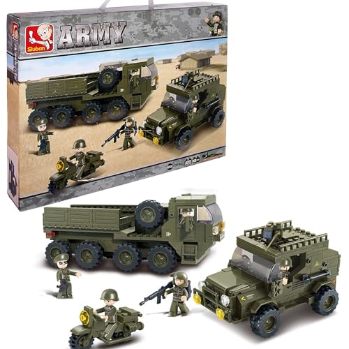 Sluban Service Troops Blocks Army Bricks Toy - Armored Vehicle & Military Transport Vehicle & Military Motorcycle