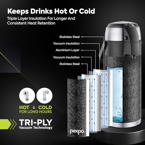 Image of Go24 pexpo AquaPort Stainless Steel Vacuum Insulated Beverage Dispenser with Pump - 3.5 LTR | Hot & Cold | Double Wall | Sturdy Handle to Carry | Coffee /Tea Carafe - Black