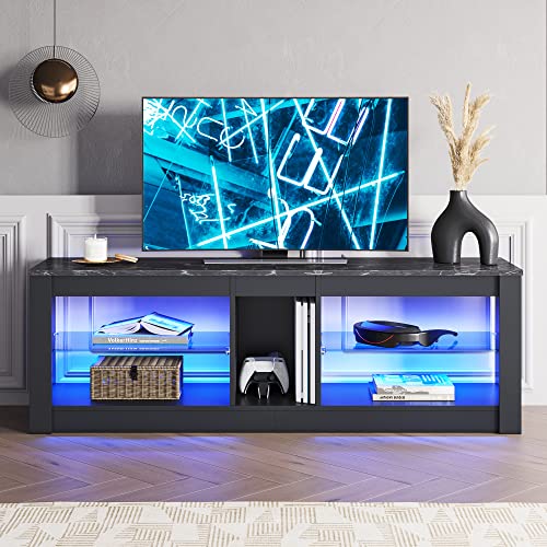 Bestier Tv Stand Black Marble Led Entertainment Center For 55+ Inch Tv Gaming Tv Stand Adjustable Glass Shelves 22 Dynamic Rgb Modes Tv Cabinet For Game Console Ps4 #TOP4