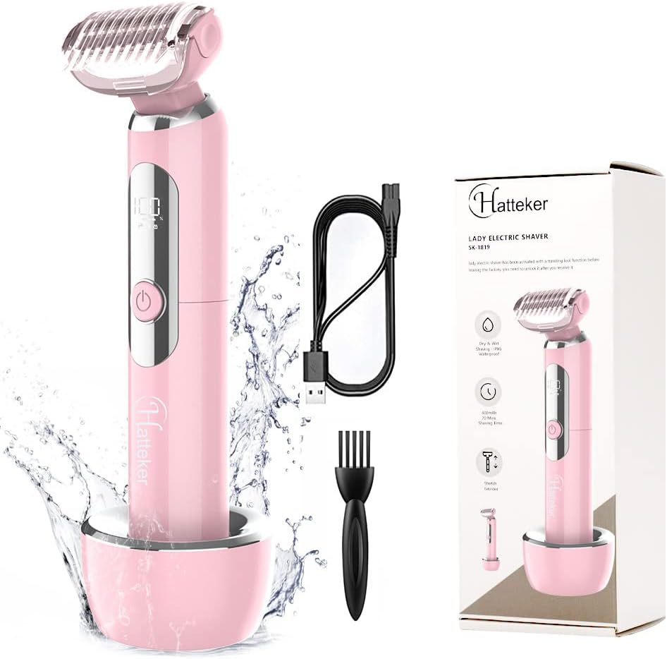 HattekerElectric Lady Shaver Razor Wet and Dry Waterproof Bikini Trimmer for Women Rechargeable Legs Underarms Public Hair Painless Extendable Handle