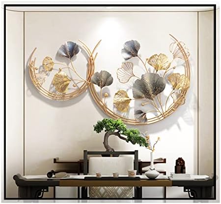 CDDUOLA 3D Room Wall Decor, Handmade Art Metal Round Golden Ginkgo Leaf Decorative Wall Sculpture for Home Living Room and Bedroom, 2 Pack
