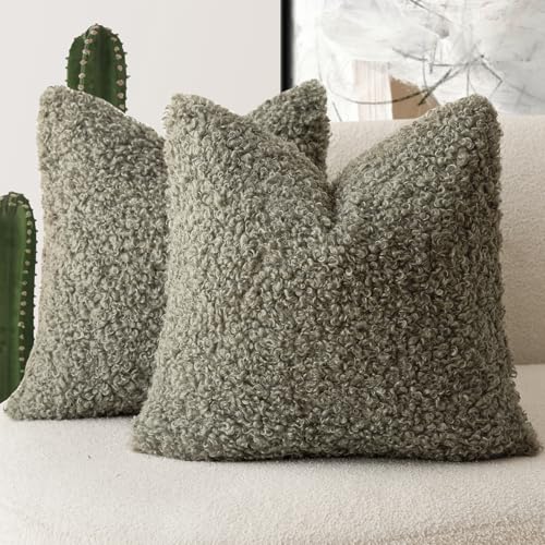 Image of Foindtower 2 Pieces 24x24 Inch Sage Green, Faux Fur Throw Pillow Cover Accent Sherpa Pillow Fuzzy Soft Pillowcases Sheepskin Decorative Fleece Cushion Case for Bed Couch Living Room