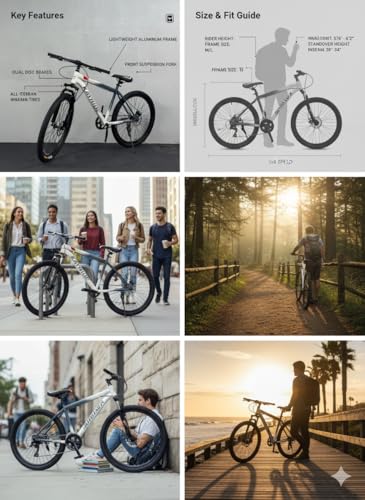 Image of Single Speed 26T Mountain Bicycle for Adults (18 Inch Steel Frame, Dual Disc Brakes, Alloy Rims, 26x2.40 Wide Tyres, Front Suspension, Mudguards & Side Stand, Unisex City & Trail MTB, White /Grey)