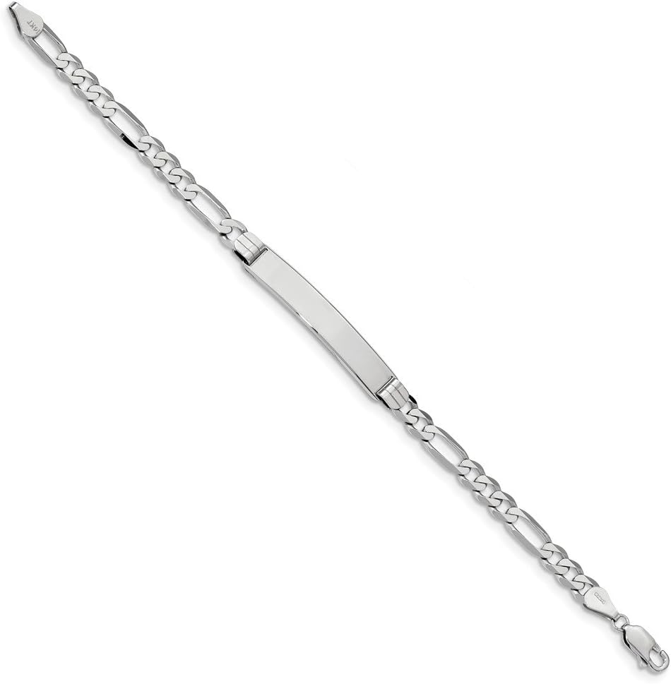 Solid 14k White Gold Figaro Link ID Bracelet Engravable Identification Name Bar Tag - with Secure Lobster Lock Clasp 7" (Width = 6mm)