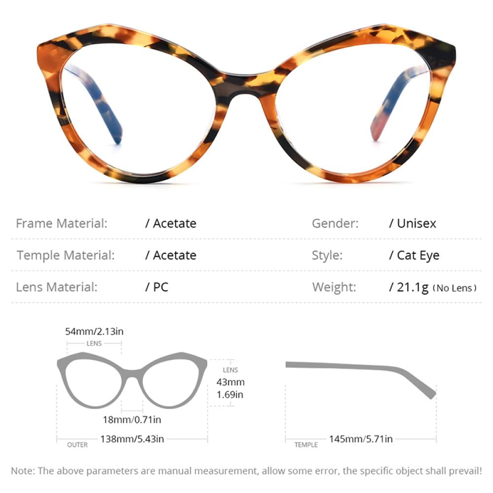 MUTYNE Montura de gafas de acetato multicolor para mujer, gafas de ojo de gato, gafas de ojo de gato