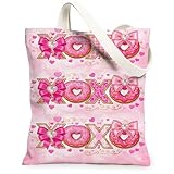 Süße Donut-Tragetaschen aus Segeltuch, Vintage-Schleifenmuster, wiederverwendbare Einkaufstaschen, leicht, waschbar, Schultergurt, Segeltuch für Geschäfte, Pfirsich, 13x15 Inch