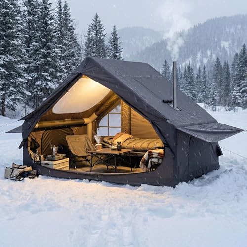 Inflatable Camping Tent for 4-6 Person, with Electric Air Pump, 4 Season Waterproof Windproof, Clear Skylight & 420D Oxford Waterproof, Air Tent with Mesh Windows/Doors