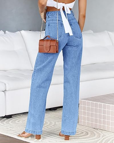 Cicy Bell Women's High Waisted Jeans Boyfriend Baggy Straight Leg Casual Denim Pants with Pockets Blue — view 2
